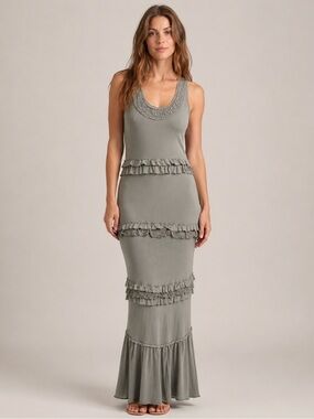 Banana Republic 2011 Silk Tiered Ruffle Maxi Dress Sage Green S/M